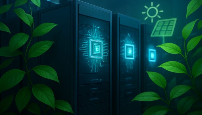 Eco-friendly data center with glowing energy-efficient processors, green leaves, and solar icons for sustainable low-power hosting