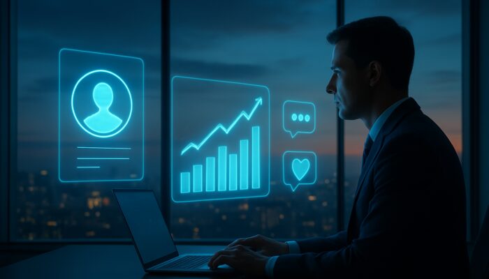 Business analyst reviewing holographic profile metrics, engagement charts, and icons over city skyline at dusk