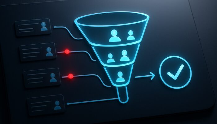 Analytics dashboard with glowing conversion funnel, user avatars, red bottlenecks, and signup success icon.