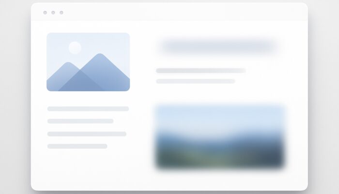 Modern website interface with crisp essential content loading instantly and blurred secondary elements fading in via lazy loading