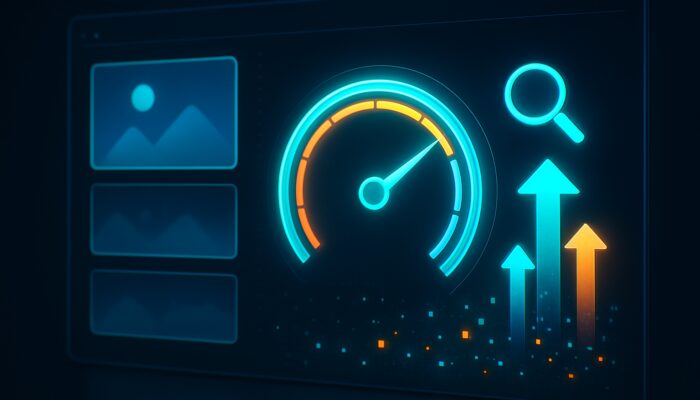Sleek webpage showing lazy-loaded images, rising performance speedometers, SEO icons, and climbing search rankings.