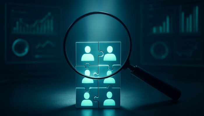 Magnifying glass over aligned keyword puzzle pieces and audience icons in digital workspace