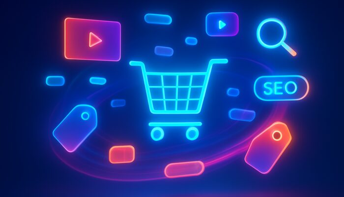 Vibrant e-commerce dashboard with floating videos, SEO keywords, and icons around a digital shopping cart.