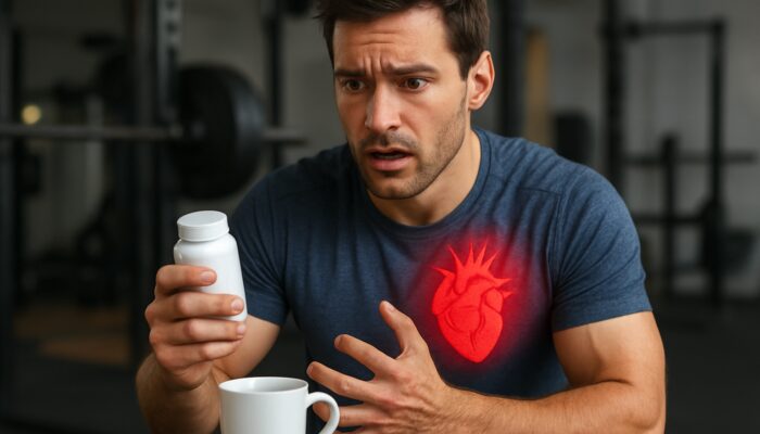 Concerned athlete in gym holding nitric oxide supplements beside coffee, showing jittery hands from stimulant interaction