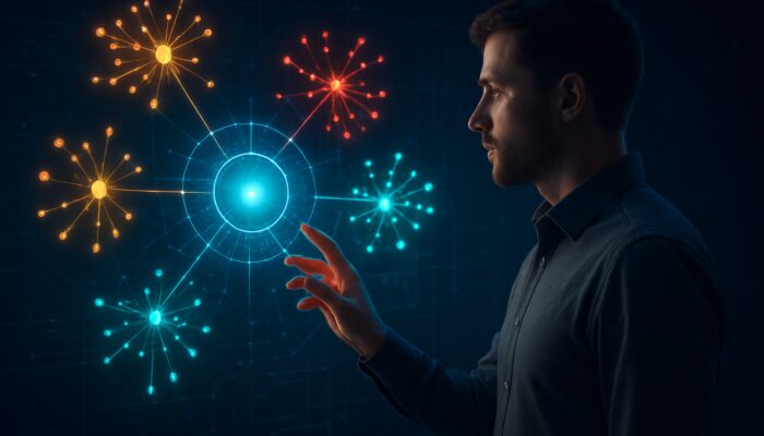 Digital marketer examines holographic keyword clusters orbiting central Digital Marketing hub with SEO and content branches.