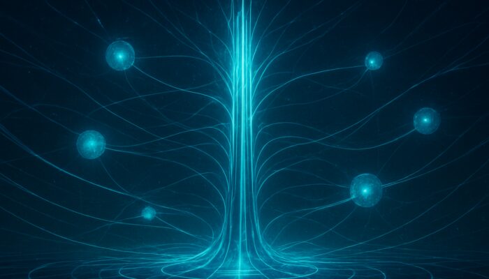 Futuristic cosmic web linking central pillar page to orbiting cluster articles in blue and green.