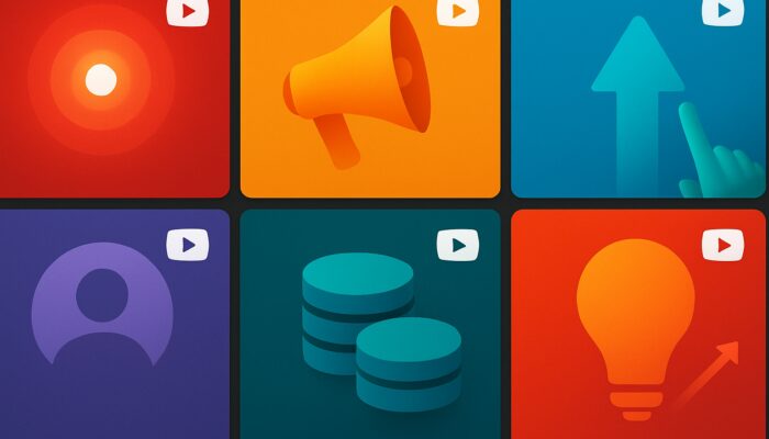 Grid of branded YouTube thumbnails with consistent logos, colors, and modern fonts.