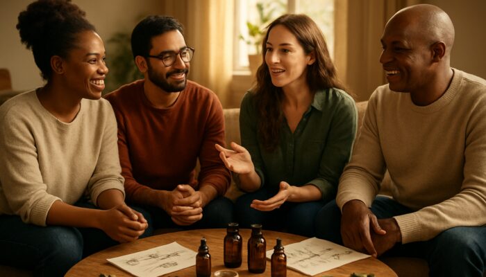 Diverse group sharing supplement stories around table with herbal bottles in warm light