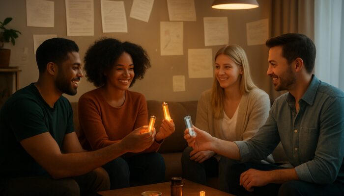 Diverse enthusiasts exchange glowing supplement vials with floating charts in cozy lounge