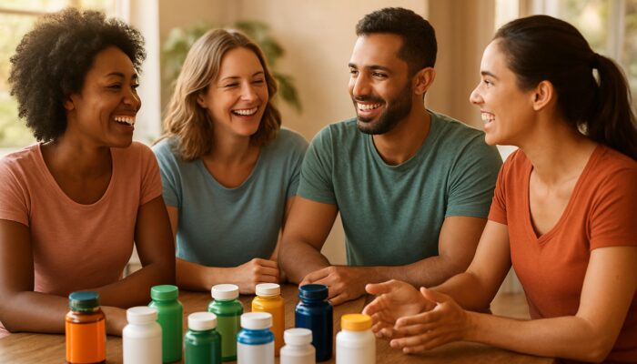 Diverse health enthusiasts gather around a wooden table with colorful supplement bottles in a sunlit space.