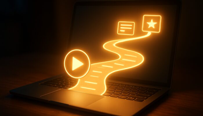 Laptop screen shows welcome email unfolding into video icons, course outlines, and success tips for online learners