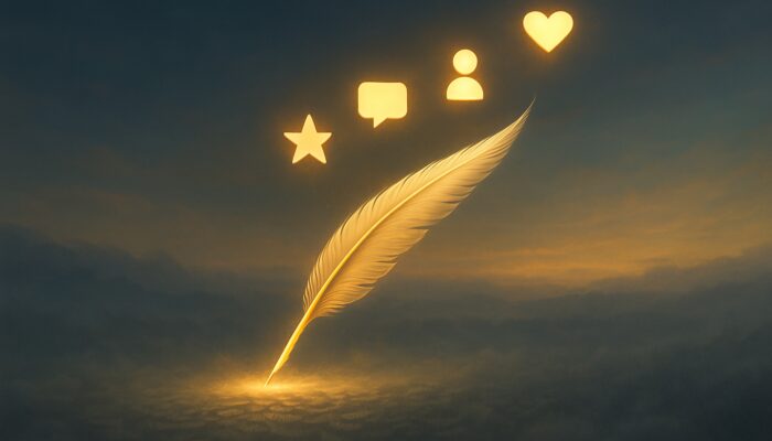 Glowing quill crafts prose, lifting quality icons above fading keyword clouds in serene digital landscape