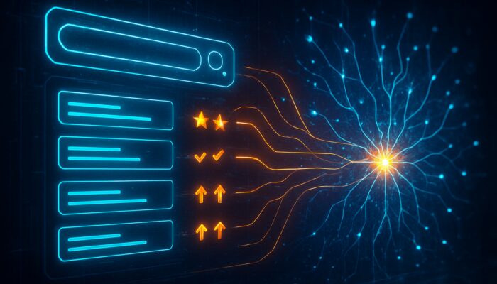 Futuristic cyberpunk interface showing supplement search results with feedback icons feeding a glowing neural network.