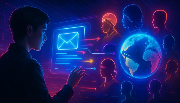 Cyberpunk marketer crafting personalized emails transforming into cultural icons around glowing globe