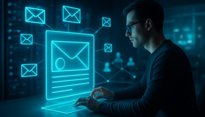 Futuristic designer crafting glowing personalized email templates on holographic screen with floating envelopes and server racks.