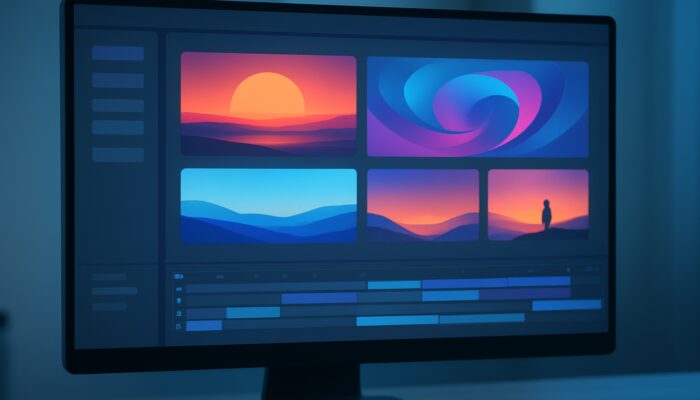 Modern InVideo dashboard with left navigation menu and vibrant project previews in soft blue tones.