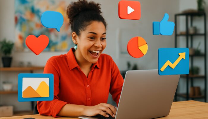 Small business owner edits promotional videos on laptop amid floating social icons and sales charts
