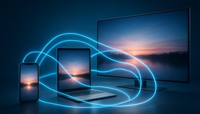 Interconnected smartphone, tablet, laptop, and smart TV showing synchronized videos with glowing data flows for omnichannel engagement.