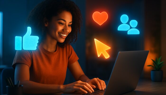 Creator typing engaging video description on glowing laptop with floating icons