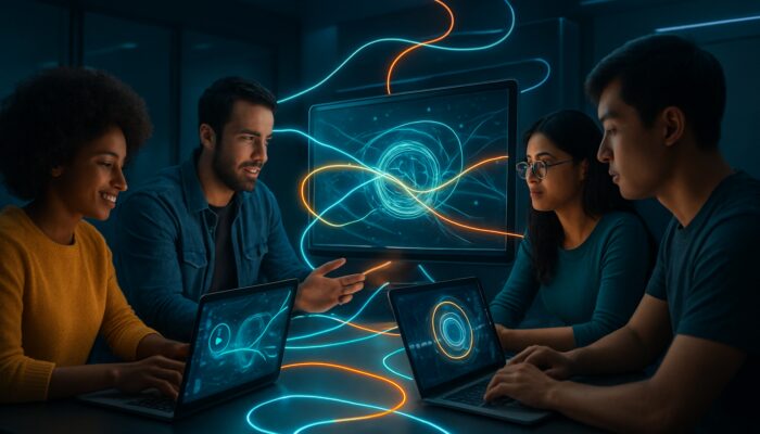 Diverse creators collaborating in futuristic AI workspace with glowing Zapier integrations for productivity