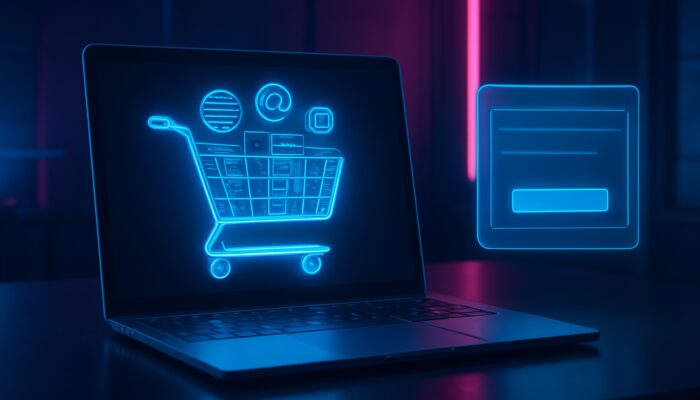 Futuristic neon workspace with laptop showing abandoned cart recovery email for hosting servers and domains.