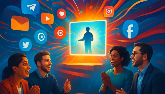 Vibrant digital collage of email icons, social logos, and professionals registering for webinar with calls to action