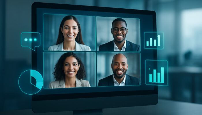 Sleek webinar interface with video feeds, polls, Q&A icons, and analytics charts.