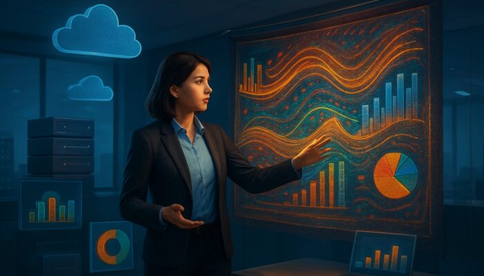 Presenter weaving glowing data charts into narrative tapestry amid cloud servers and infographics in tech office