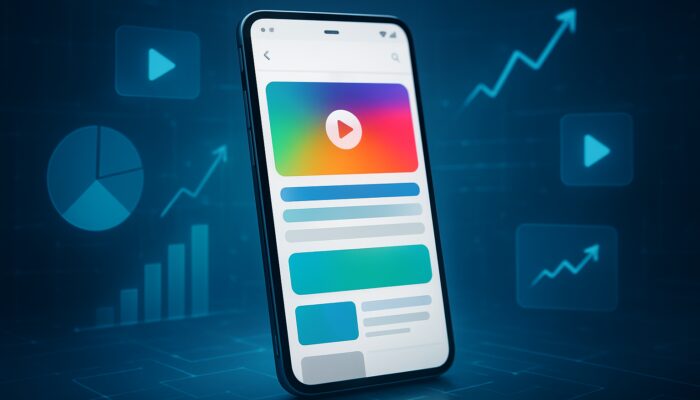 Smartphone displaying Google Discover video feed with SEO charts, play icons, and growth arrows