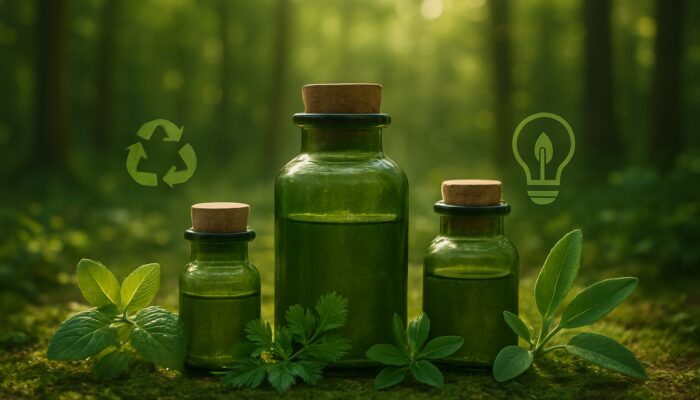 Eco-friendly recycled glass supplement bottles amid herbs in a sunny forest clearing