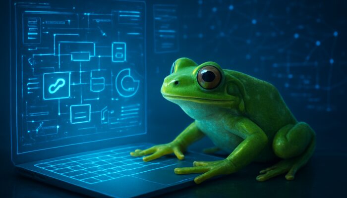 Green frog at laptop with holographic SEO crawl maps, links, and metrics