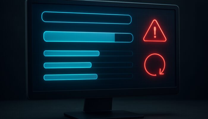 Futuristic web crawl dashboard with URL field, animated progress bars, and glowing server error alerts