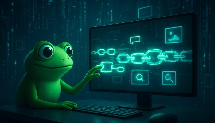 Green frog mascot filtering URL chains, highlighting missing metadata icons and image thumbnails in cyberpunk workspace